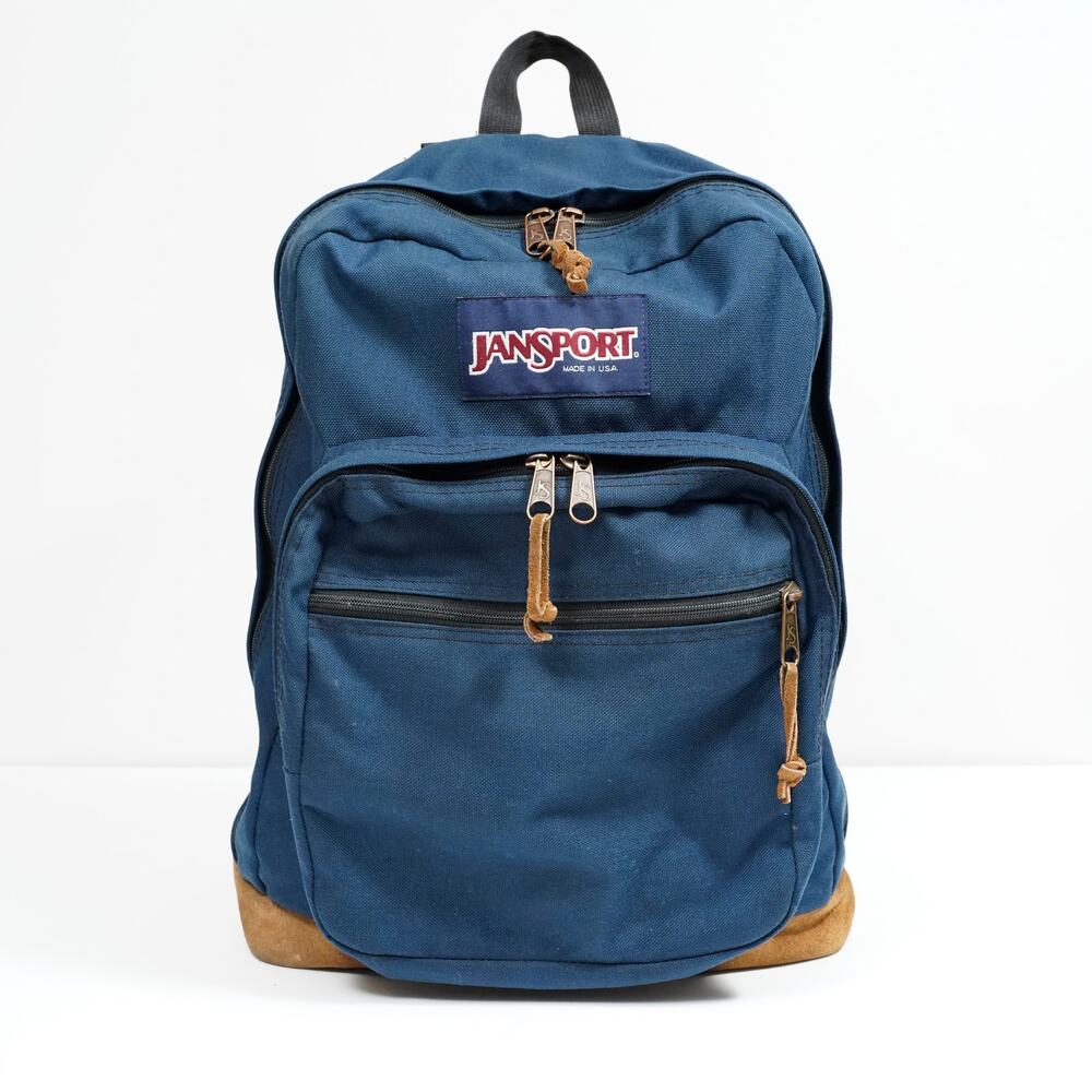 Vintage JanSport Backpack Navy Blue Suede Leather Bottom Made in USA 18x12x5